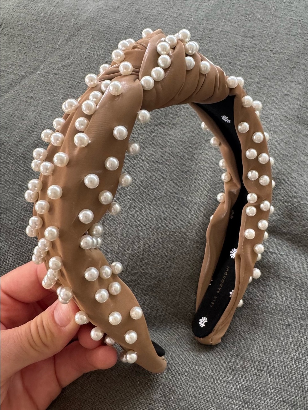 Lele Sadoughi Taupe Knotted Headband with Pearl Embellishments